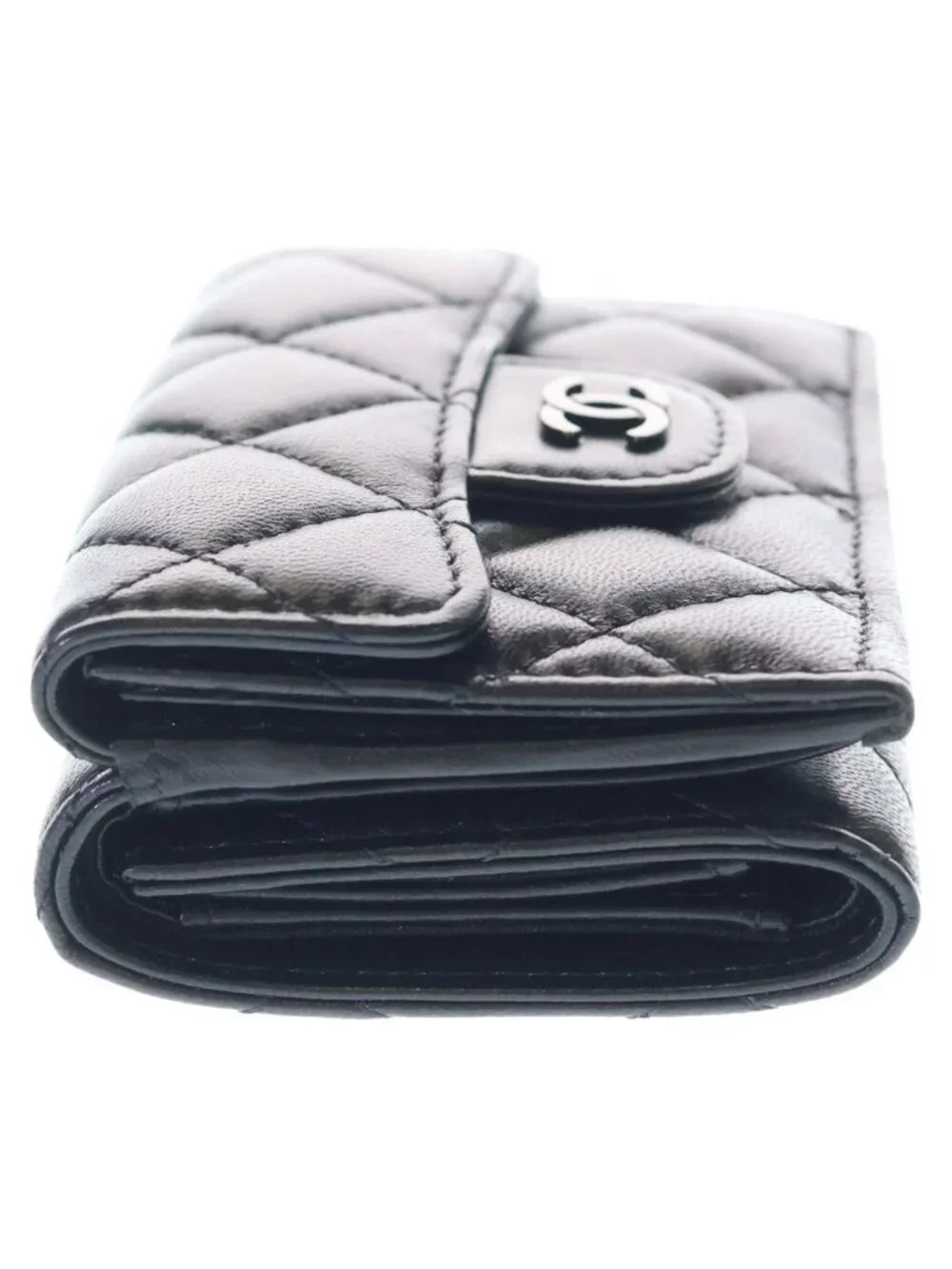 Chanel Quilted Trifold Wallet Compact Coin Purse Thor Black Lambskin
